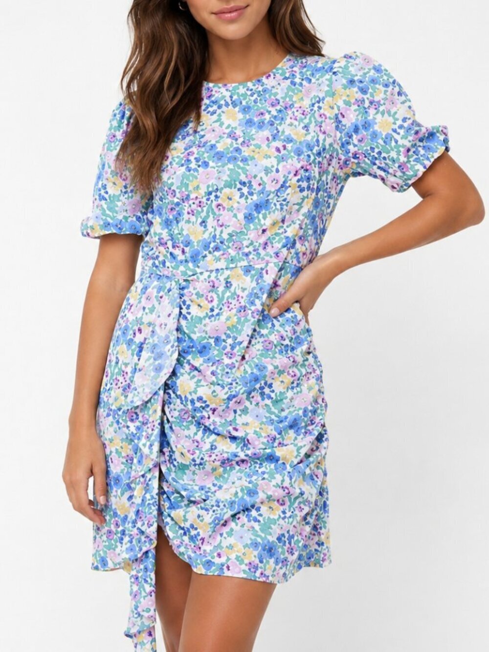 En Saison Ruched Floral  Puff Sleeve Mini Day Dress Sz Small